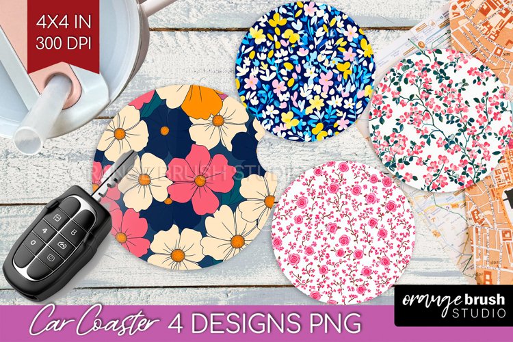Retro Flowers Car Coaster - Floral Coaster PNG Sublimation