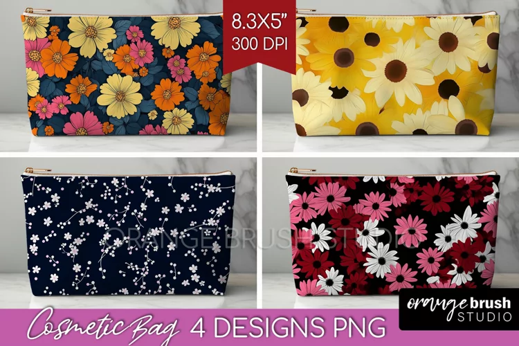 Retro Flowers Cosmetic Bag - Floral Makeup Bag PNG
