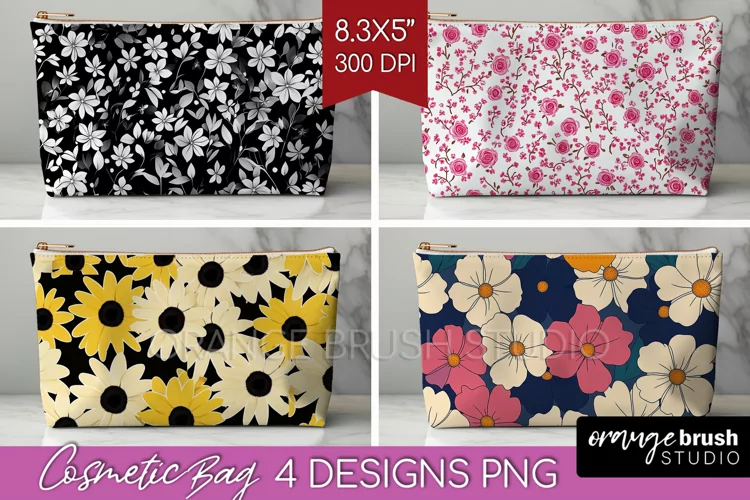 Retro Flowers Cosmetic Bag - Floral Makeup Bag PNG