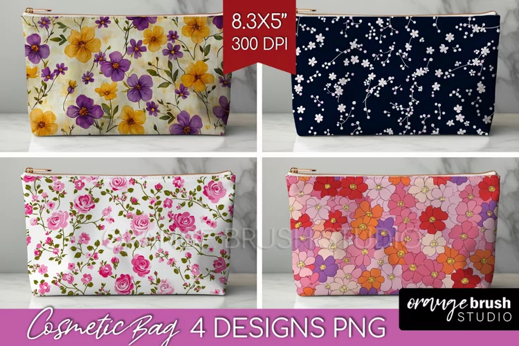 Retro Flowers Cosmetic Bag - Floral Makeup Bag PNG