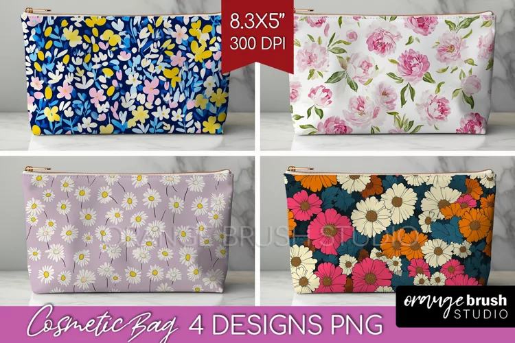 Retro Flowers Cosmetic Bag - Floral Makeup Bag PNG
