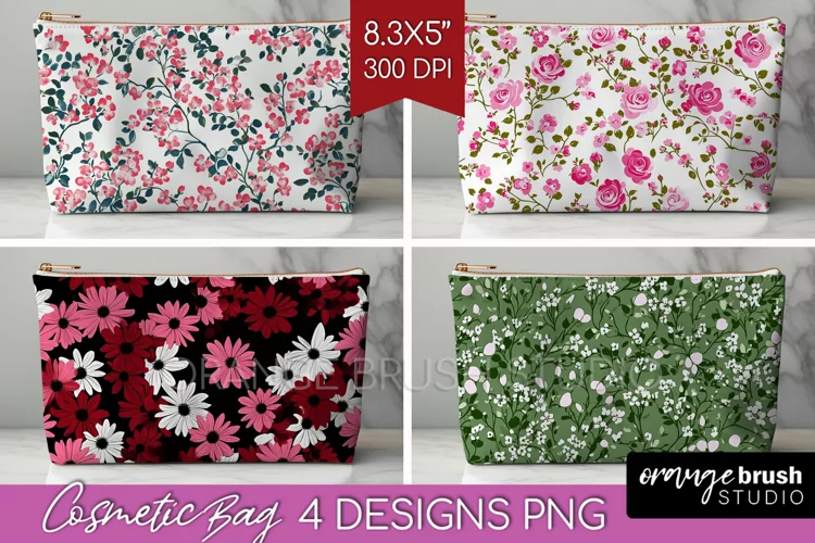 Retro Flowers Cosmetic Bag - Floral Makeup Bag PNG
