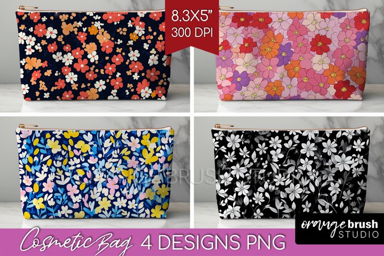 Retro Flowers Cosmetic Bag - Floral Makeup Bag PNG example image 1