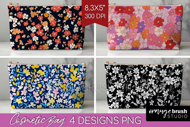 Retro Flowers Cosmetic Bag - Floral Makeup Bag PNG