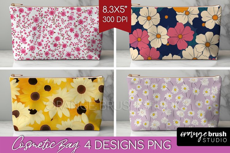 Retro Flowers Cosmetic Bag - Floral Makeup Bag PNG example image 1