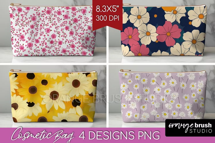 Retro Flowers Cosmetic Bag - Floral Makeup Bag PNG