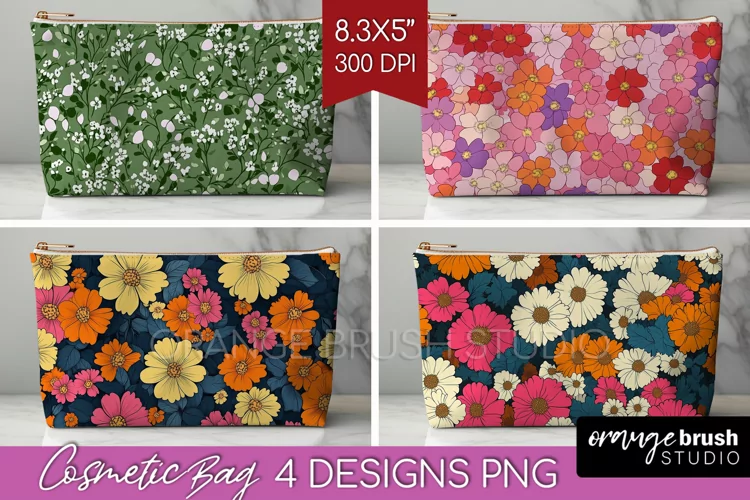 Retro Flowers Cosmetic Bag - Floral Makeup Bag PNG