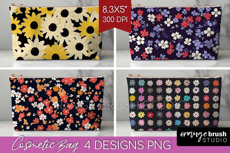Retro Flowers Cosmetic Bag - Floral Makeup Bag PNG example image 1
