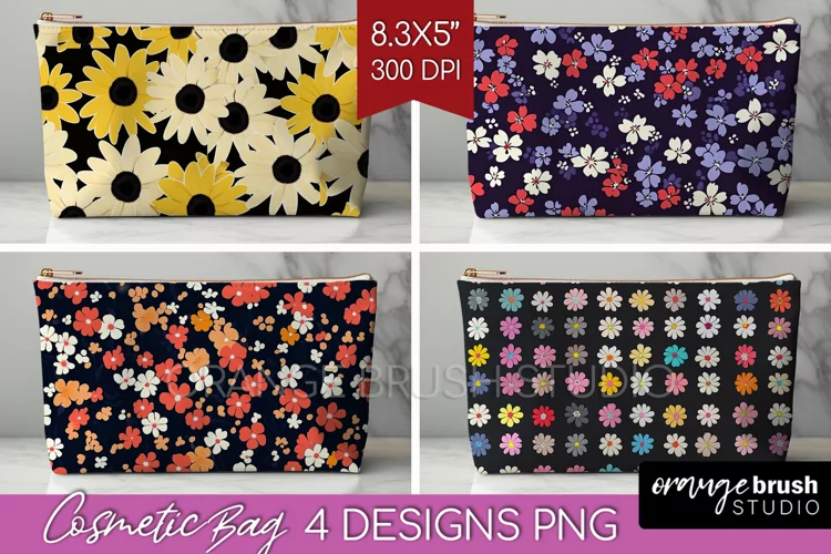 Retro Flowers Cosmetic Bag - Floral Makeup Bag PNG