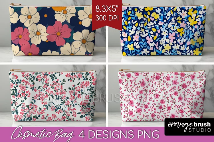 Retro Flowers Cosmetic Bag - Floral Makeup Bag PNG