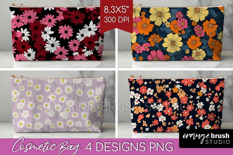 Retro Flowers Cosmetic Bag - Floral Makeup Bag PNG