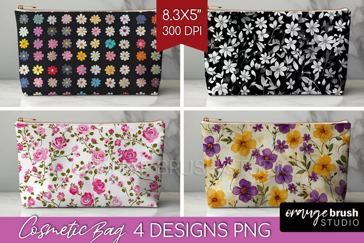Retro Flowers Cosmetic Bag - Floral Makeup Bag PNG