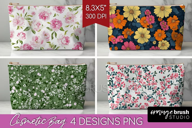 Retro Flowers Cosmetic Bag - Floral Makeup Bag PNG