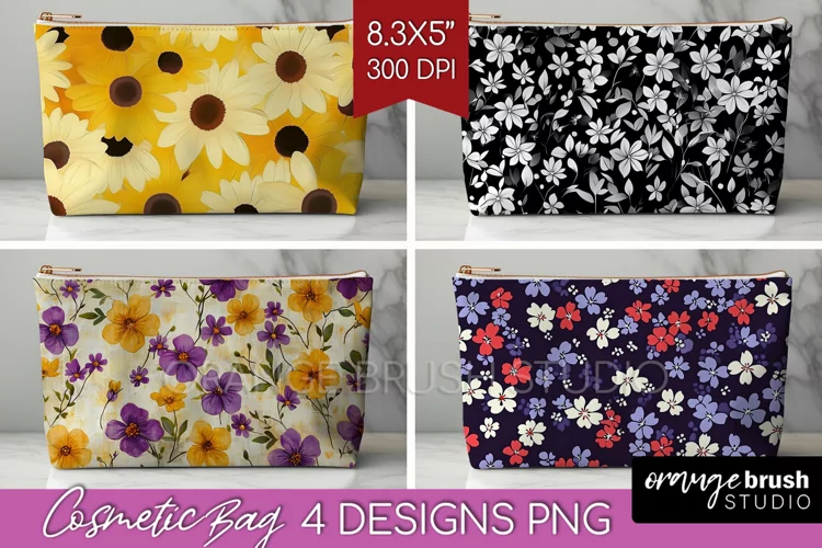 Retro Flowers Cosmetic Bag - Floral Makeup Bag PNG