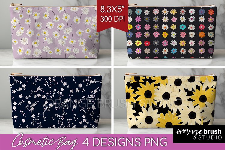 Retro Flowers Cosmetic Bag - Floral Makeup Bag PNG example image 1
