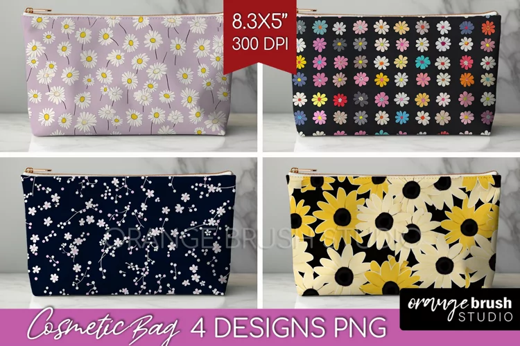 Retro Flowers Cosmetic Bag - Floral Makeup Bag PNG