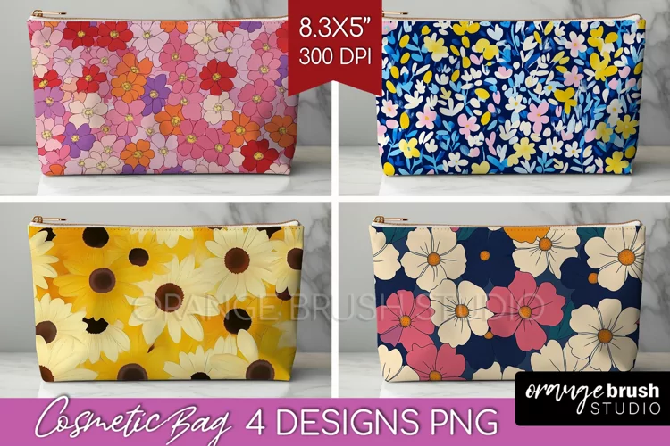 Retro Flowers Cosmetic Bag - Floral Makeup Bag PNG