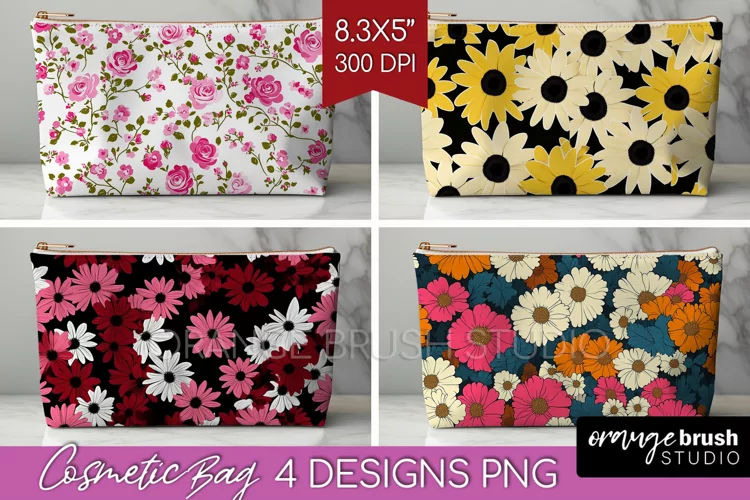 Retro Flowers Cosmetic Bag - Floral Makeup Bag PNG