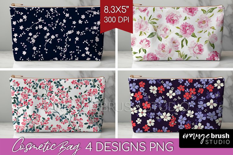 Retro Flowers Cosmetic Bag - Floral Makeup Bag PNG