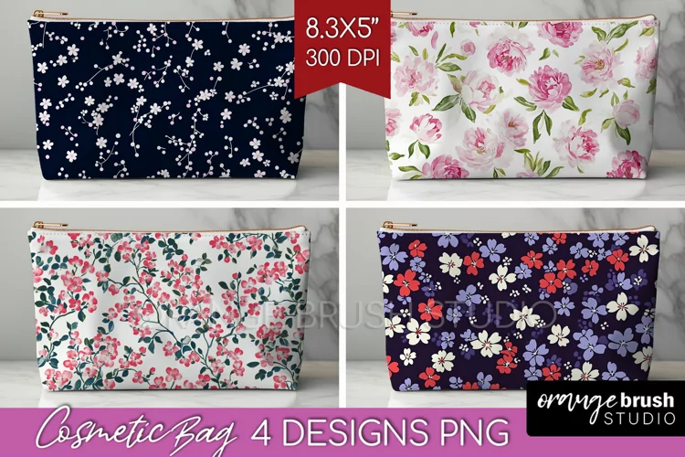Retro Flowers Cosmetic Bag - Floral Makeup Bag PNG