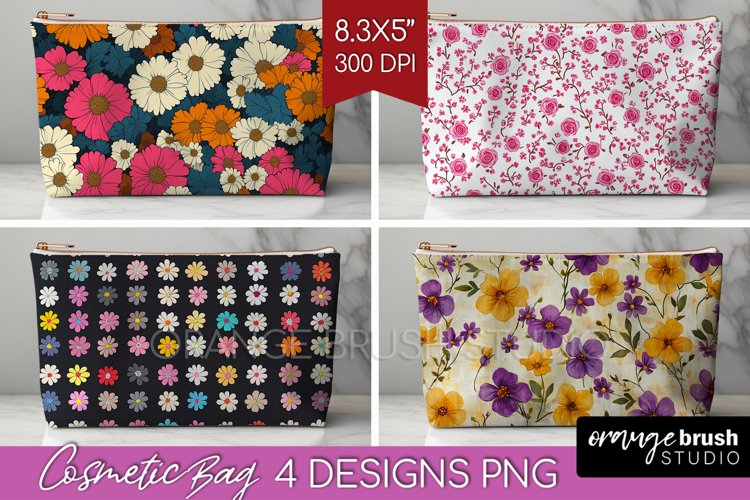 Retro Flowers Cosmetic Bag - Floral Makeup Bag PNG example image 1
