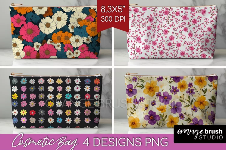 Retro Flowers Cosmetic Bag - Floral Makeup Bag PNG