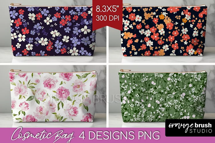 Retro Flowers Cosmetic Bag - Floral Makeup Bag PNG