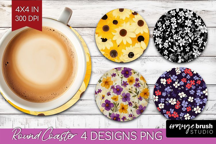 Retro Flowers Round Coaster - Floral Coaster PNG Sublimation