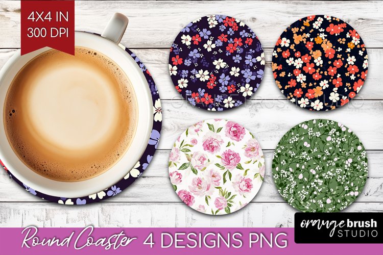 Retro Flowers Round Coaster - Floral Coaster PNG Sublimation