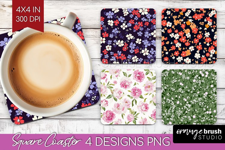 Retro Flowers Square Coaster - Floral Coaster PNG