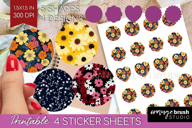 Retro Flowers Round Sticker - Floral Printable Sticker Sheet