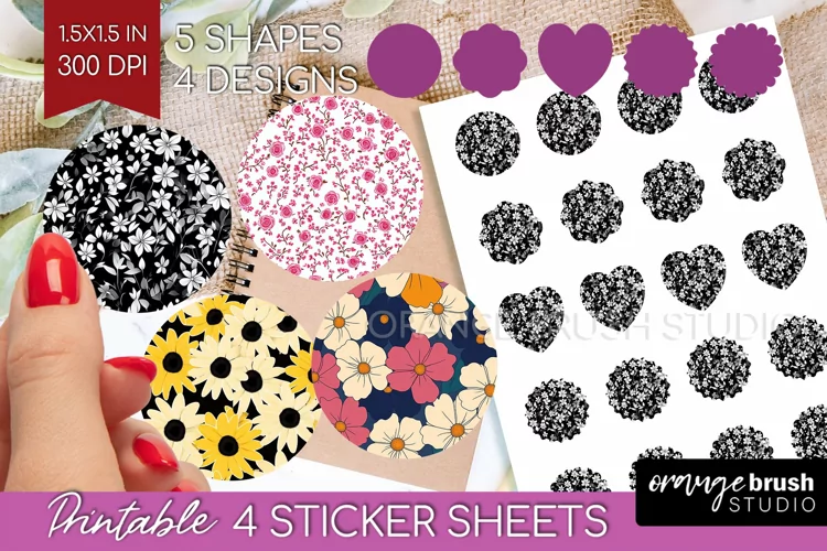 Retro Flowers Round Sticker - Floral Printable Sticker Sheet