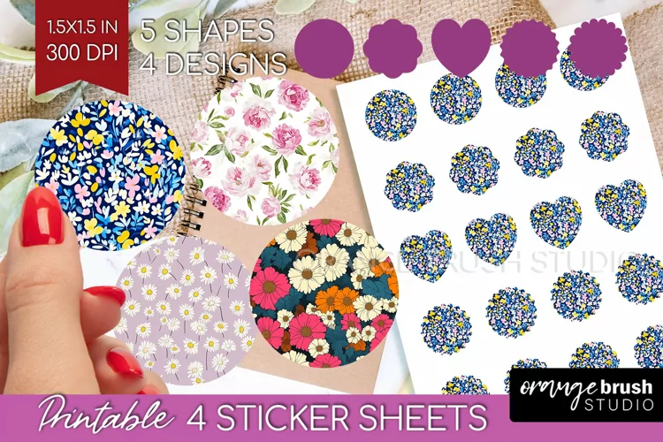 Retro Flowers Round Sticker - Floral Printable Sticker Sheet