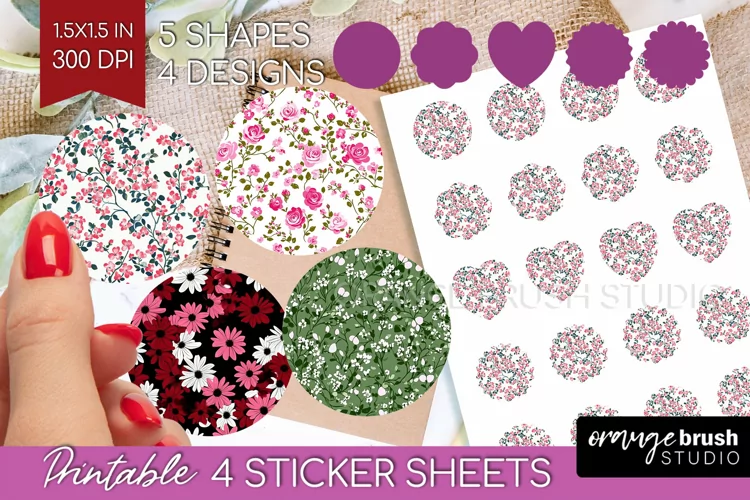 Retro Flowers Round Sticker - Floral Printable Sticker Sheet