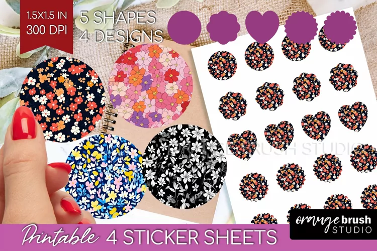 Retro Flowers Round Sticker - Floral Printable Sticker Sheet