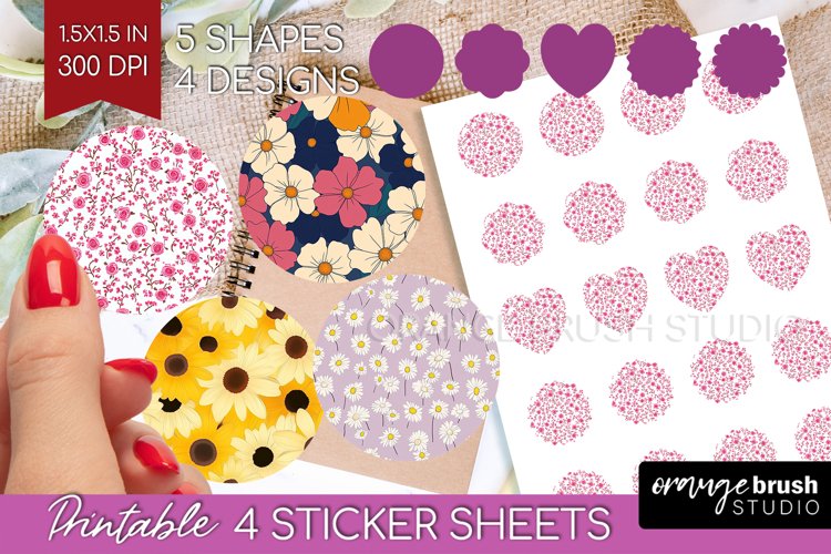 Retro Flowers Round Sticker - Floral Printable Sticker Sheet