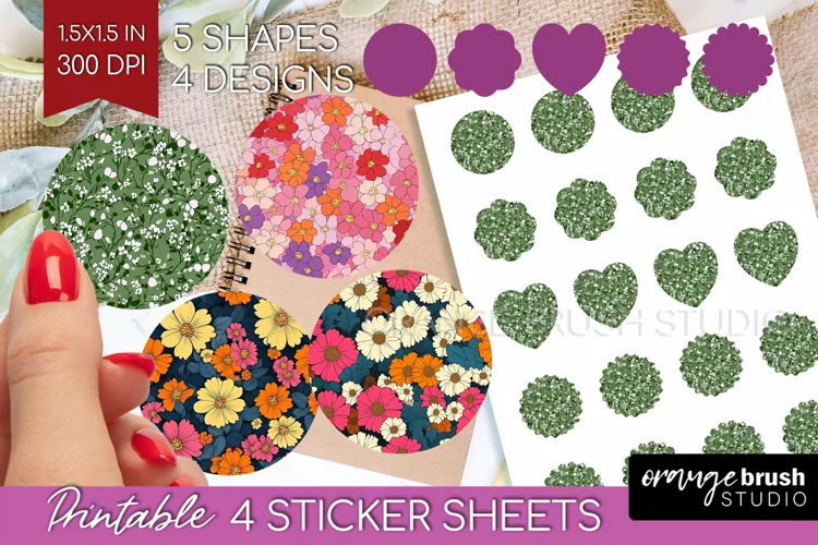 Retro Flowers Round Sticker - Floral Printable Sticker Sheet