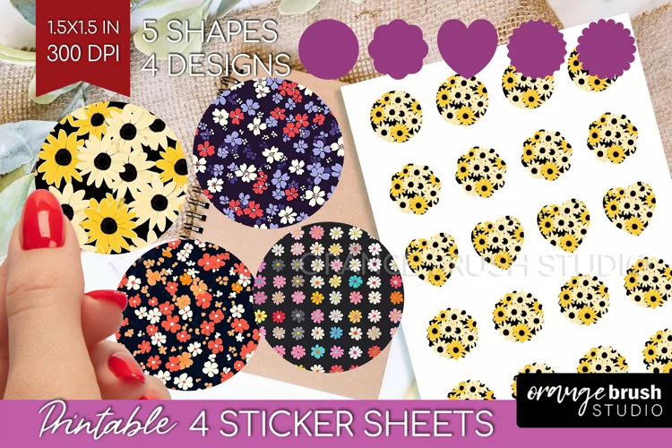 Retro Flowers Round Sticker - Floral Printable Sticker Sheet