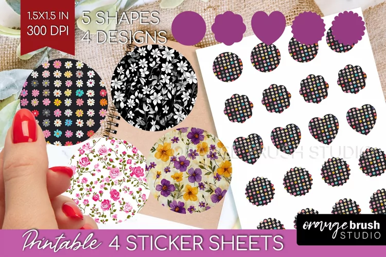 Retro Flowers Round Sticker - Floral Printable Sticker Sheet