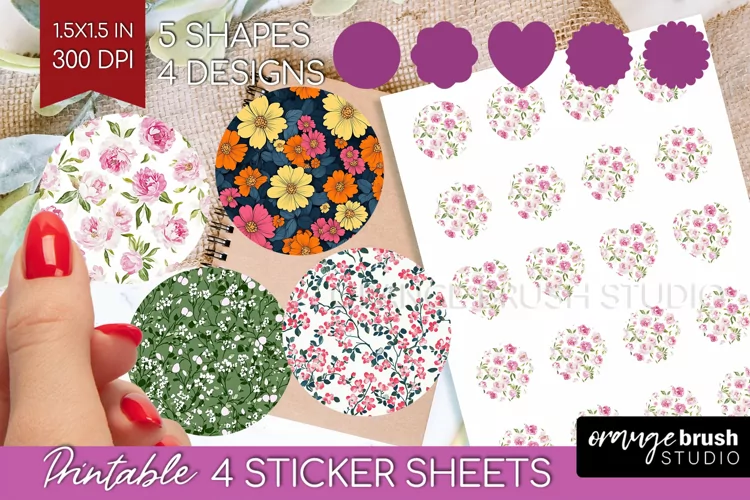 Retro Flowers Round Sticker - Floral Printable Sticker Sheet