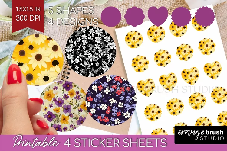 Retro Flowers Round Sticker - Floral Printable Sticker Sheet