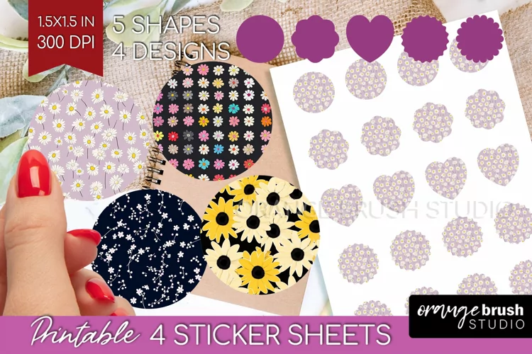 Retro Flowers Round Sticker - Floral Printable Sticker Sheet