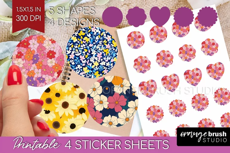 Retro Flowers Round Sticker - Floral Printable Sticker Sheet