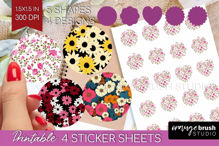 Retro Flowers Round Sticker - Floral Printable Sticker Sheet