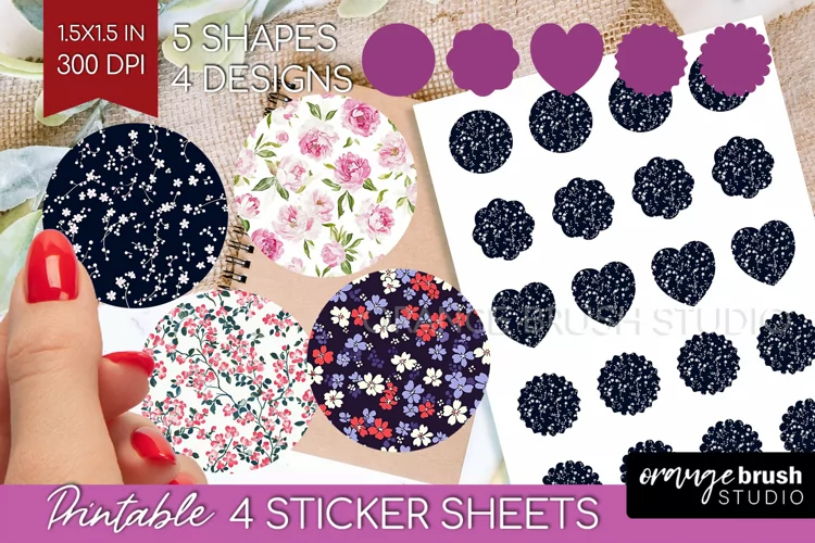 Retro Flowers Round Sticker - Floral Printable Sticker Sheet