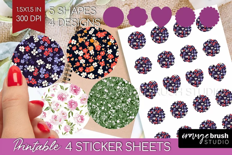Retro Flowers Round Sticker - Floral Printable Sticker Sheet