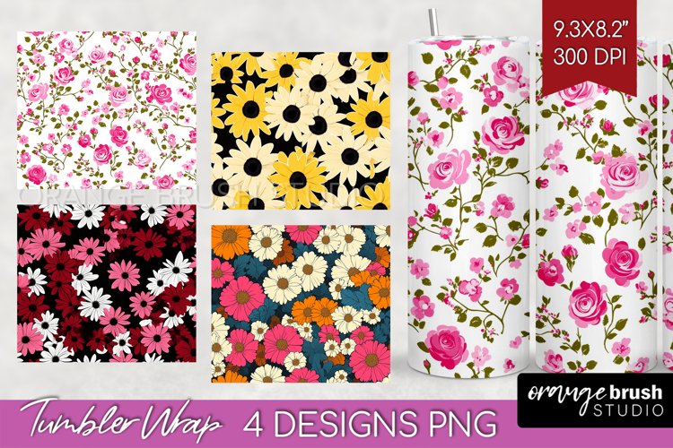 Retro Flowers Tumbler Wrap - Floral Tumbler PNG Sublimation