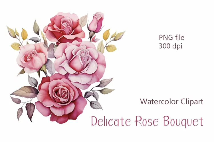 Pink Roses Bouquet watercolor sublimation clipart, PNG file