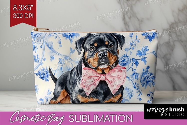 Rottweiler Dog Cosmetic Bag Blue Toile Makeup Bag PNG