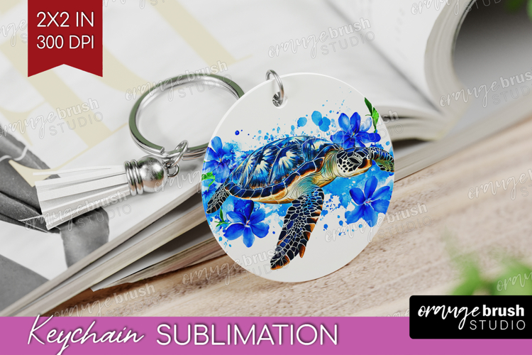 Sea Turtle Floral Keychain PNG Blue Flowers Keychain